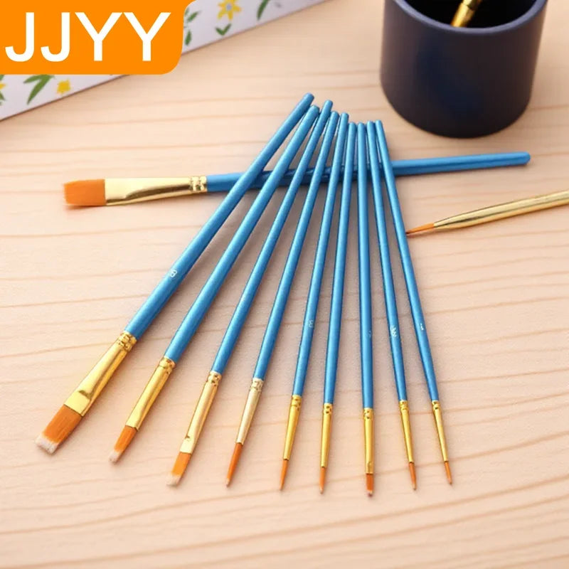 10-Piece Nylon Paint Brush Set - Round Tip for Watercolor & Gouache