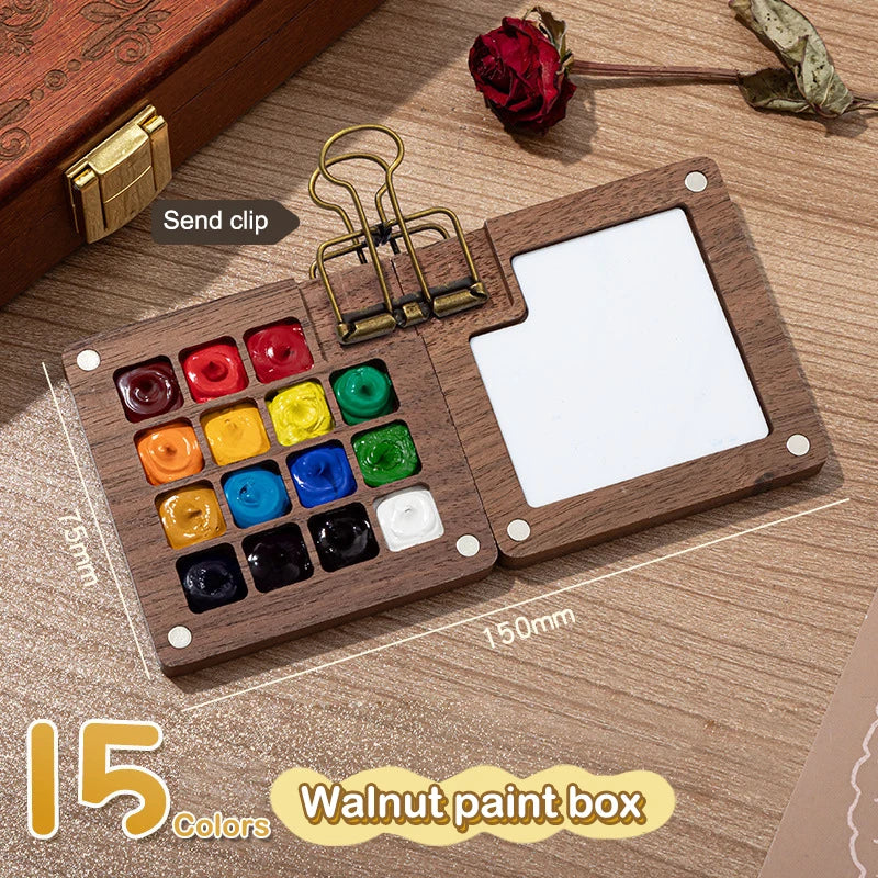 Mini Walnut Wood Watercolor Palette - Portable Paint Box with Clip