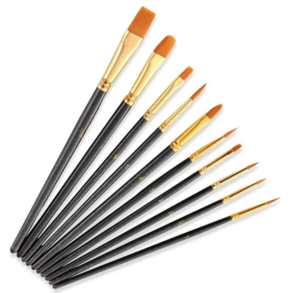 10-Piece Nylon Paint Brush Set - Round Tip for Watercolor & Gouache