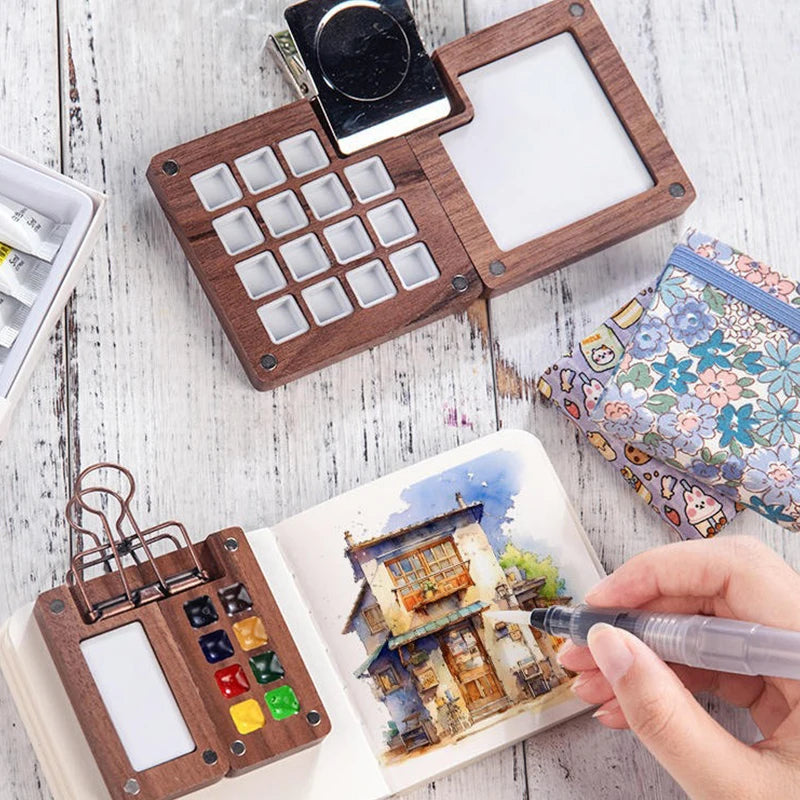 Mini Walnut Wood Watercolor Palette - Portable Paint Box with Clip