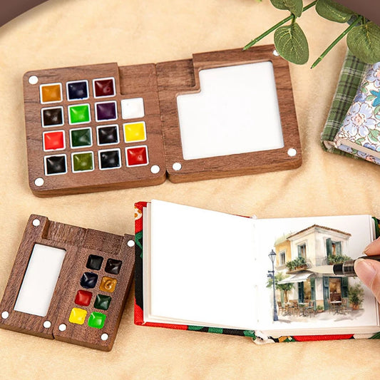 Mini Walnut Wood Watercolor Palette - Portable Paint Box with Clip