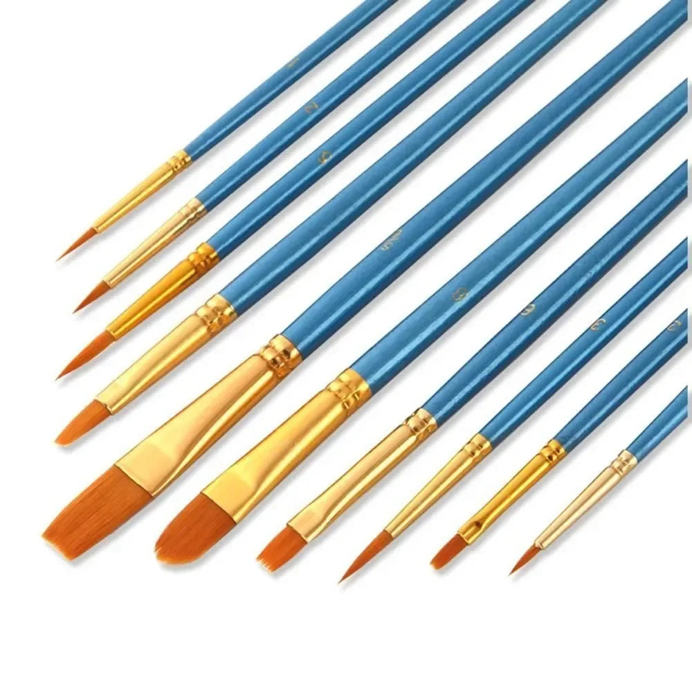 10-Piece Nylon Paint Brush Set - Round Tip for Watercolor & Gouache