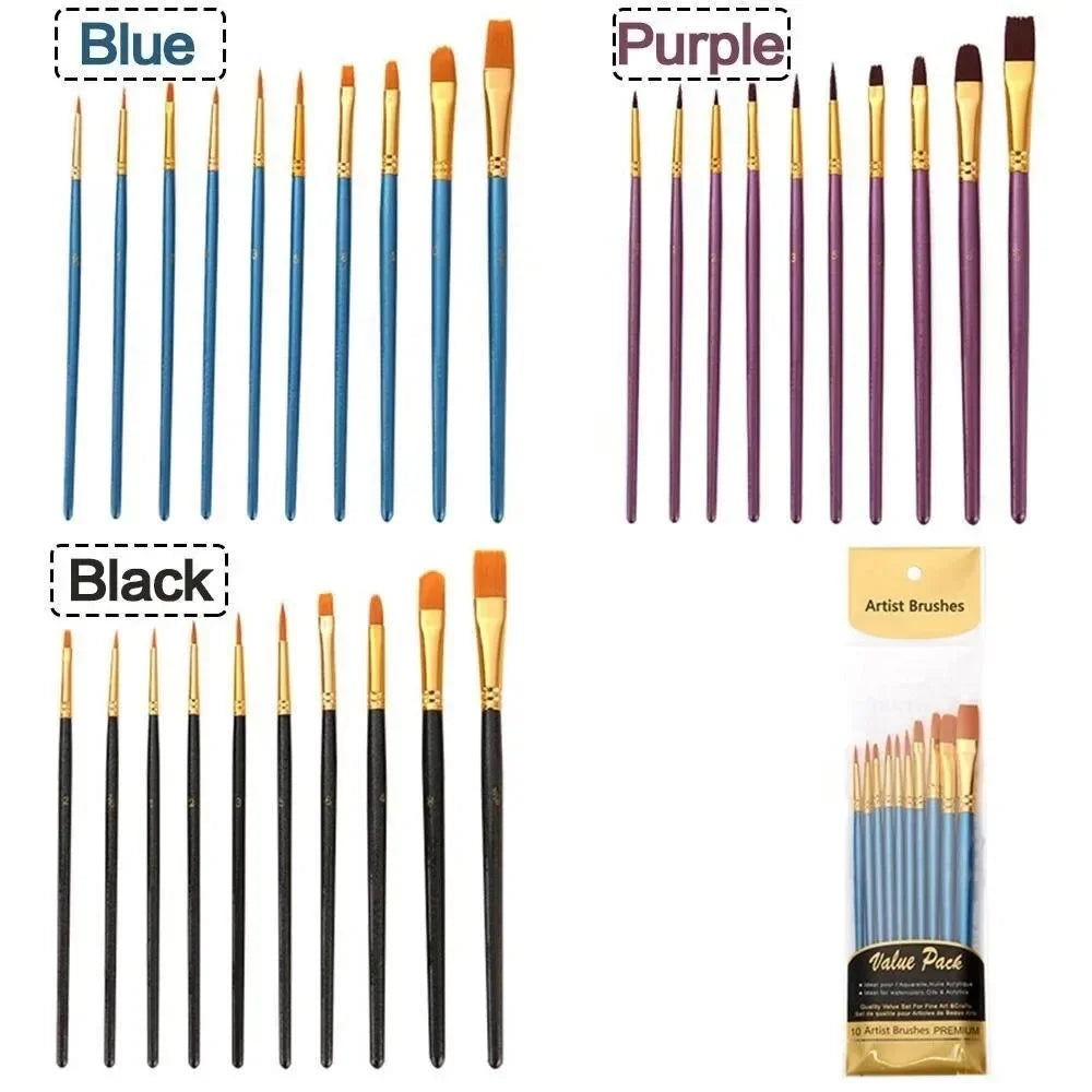 10-Piece Nylon Paint Brush Set - Round Tip for Watercolor & Gouache