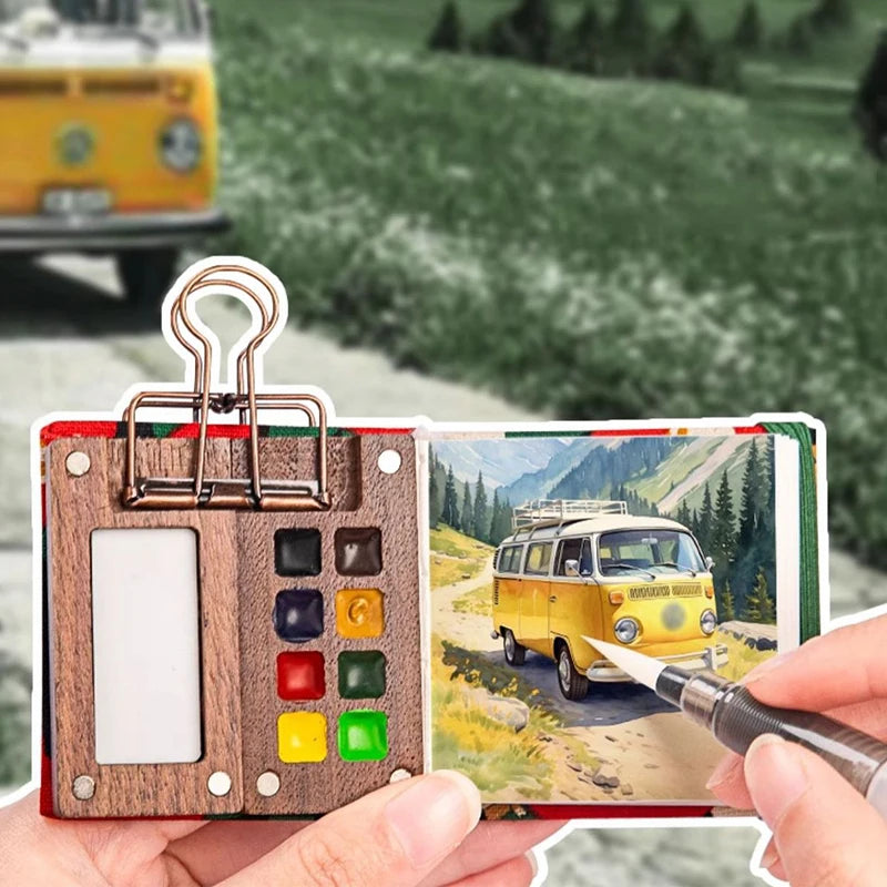 Mini Walnut Wood Watercolor Palette - Portable Paint Box with Clip
