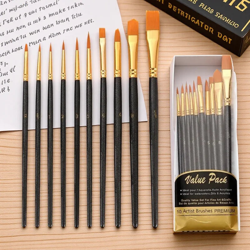 10-Piece Nylon Paint Brush Set - Round Tip for Watercolor & Gouache