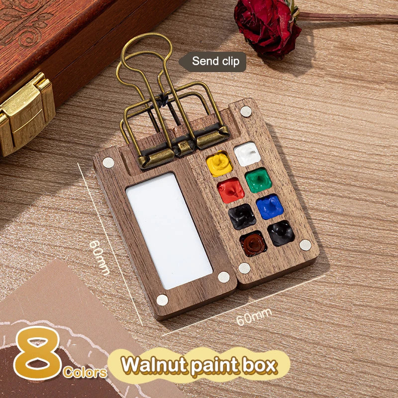 Mini Walnut Wood Watercolor Palette - Portable Paint Box with Clip
