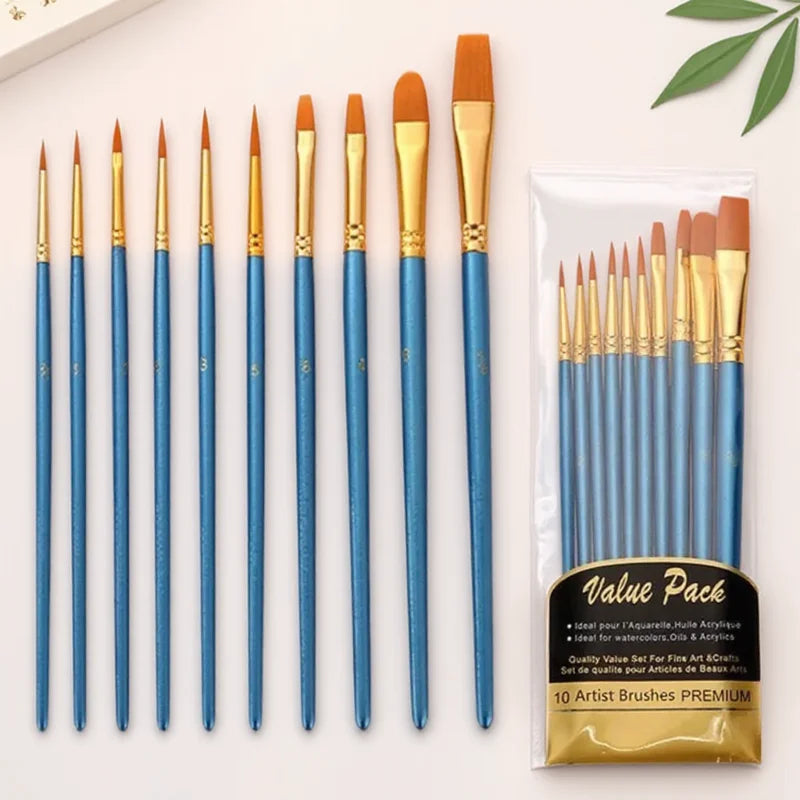 10-Piece Nylon Paint Brush Set - Round Tip for Watercolor & Gouache
