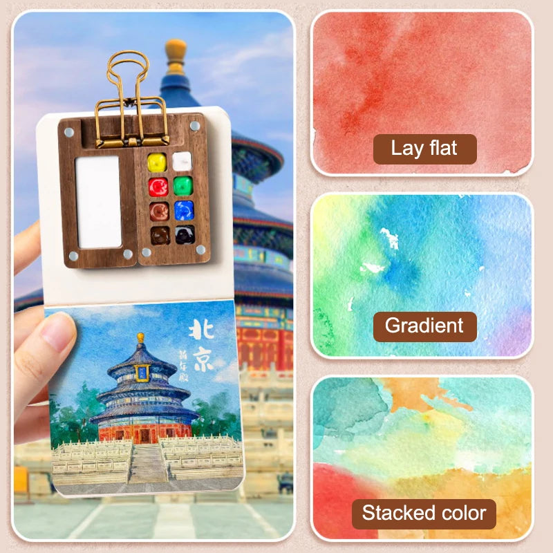 Mini Walnut Wood Watercolor Palette - Portable Paint Box with Clip