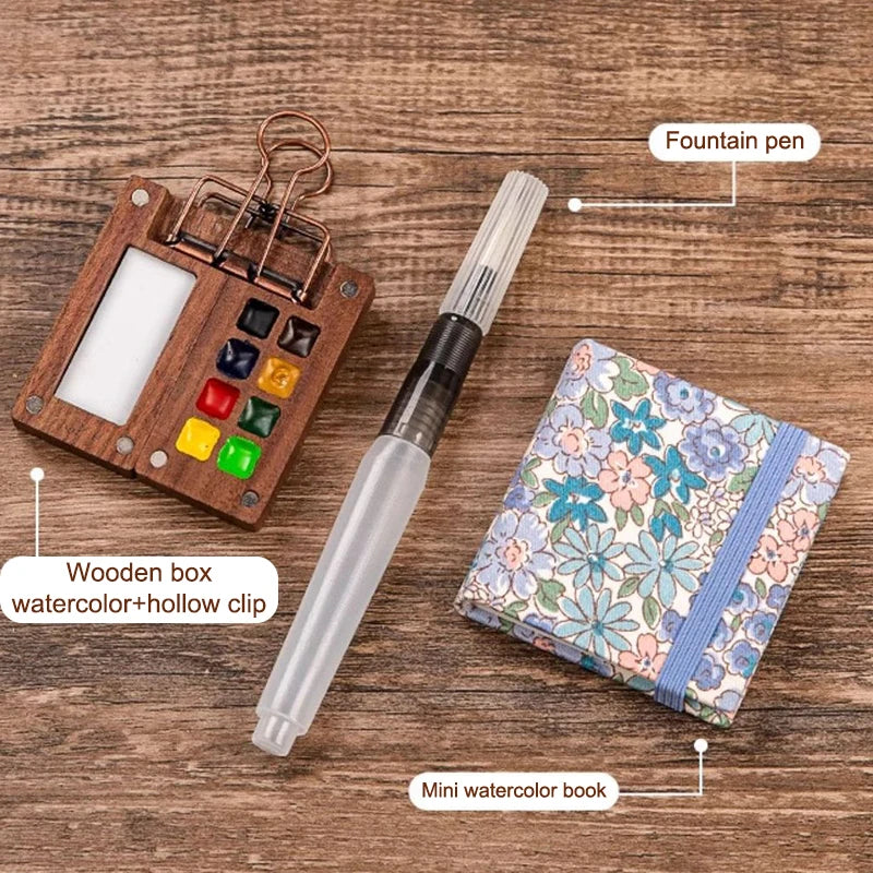 Mini Walnut Wood Watercolor Palette - Portable Paint Box with Clip