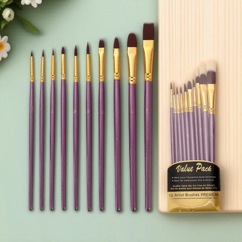 10-Piece Nylon Paint Brush Set - Round Tip for Watercolor & Gouache