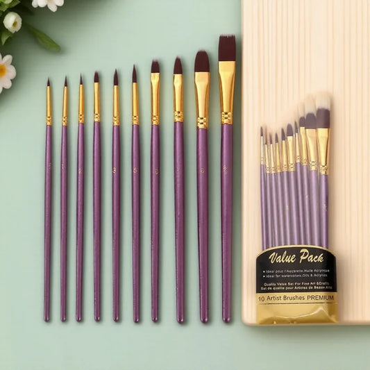 10-Piece Nylon Paint Brush Set - Round Tip for Watercolor & Gouache