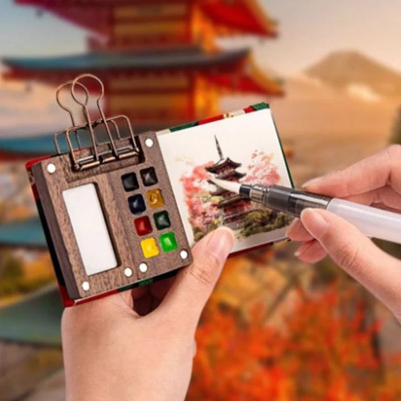Mini Walnut Wood Watercolor Palette - Portable Paint Box with Clip